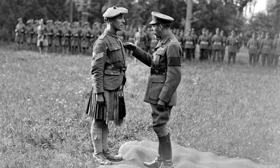 King George V investing Charles William Train with the Victoria Cross at the Second Army Headquarters. Blendecques, northern France, 6 August 1918 (IWM: Q9222)