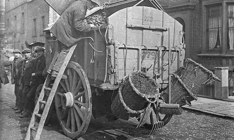 Photo 1, Horse and cart dust cart with wicker bins, c. 1910