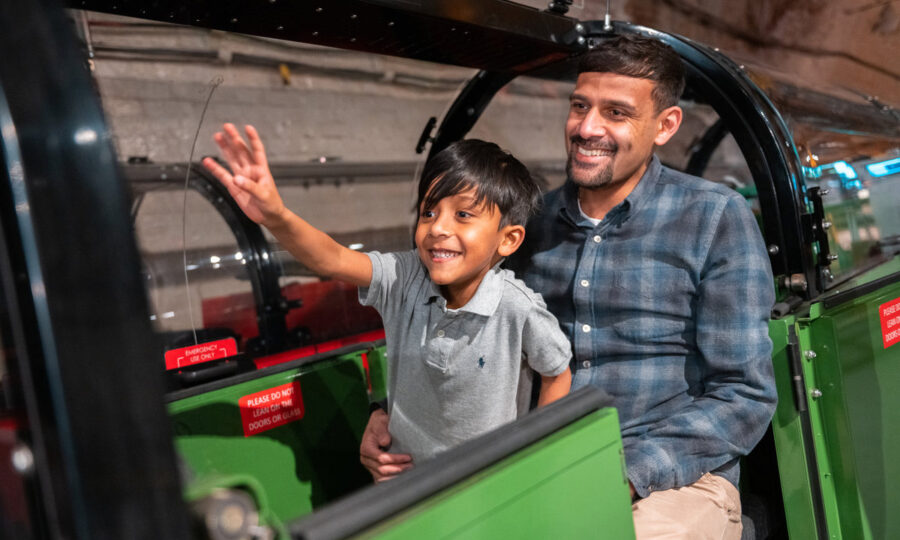 Close up of father and son smiling on the mail rail