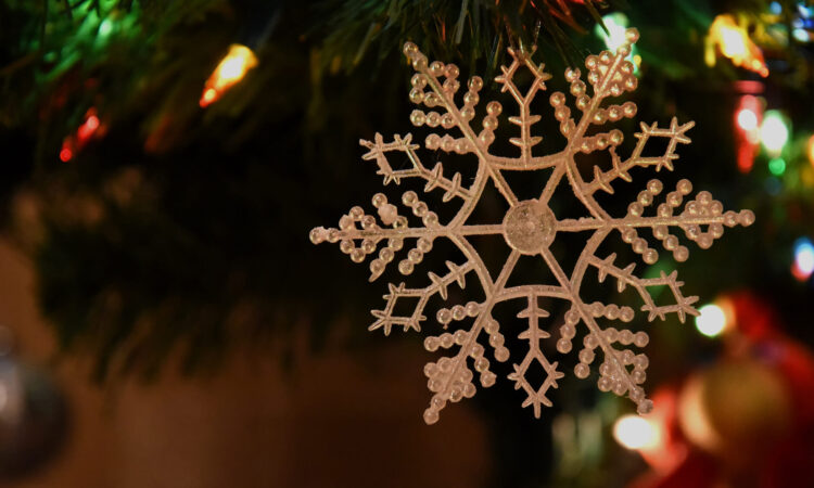 Close-up of snowflake decoration hanging on a Christmas tree with multi-coloured lights
