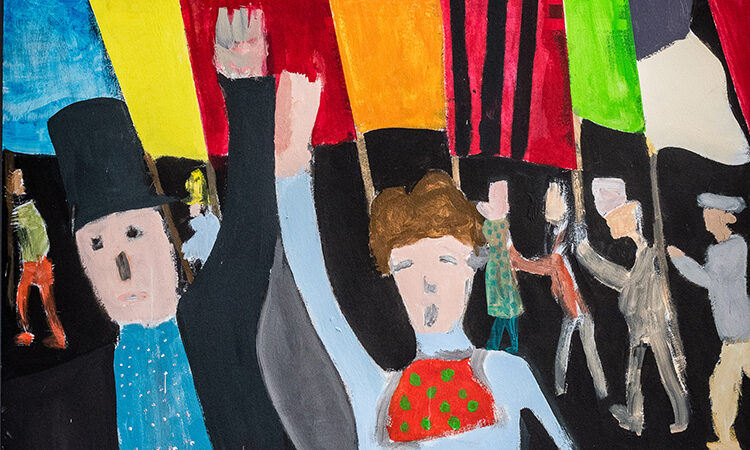 Child's drawing of man and woman with their arms raised and a group of protesters with colourful banners in the background