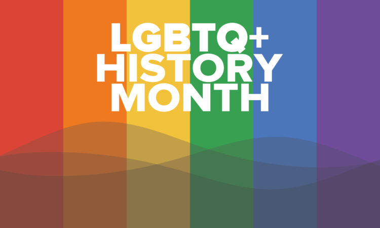LGBTQ+ History Month on rainbow flag background