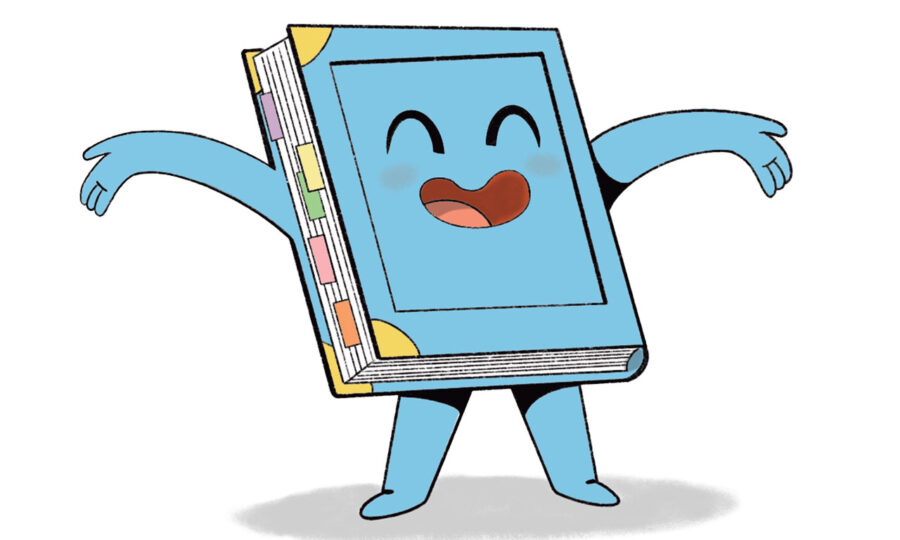 Cartoon of a book with arms and legs and a smile