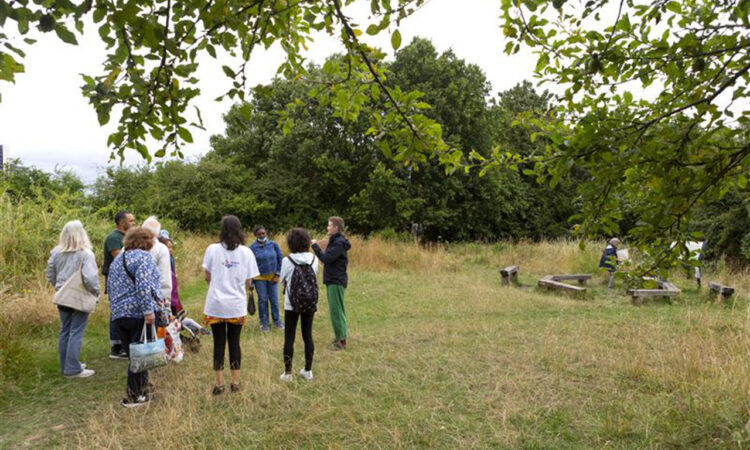 A group of people on a guided walk in a green field