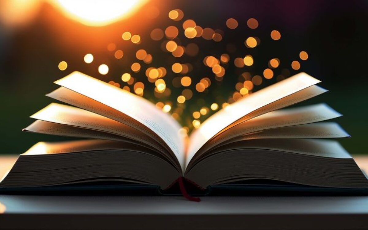 A book open with golden light in the background