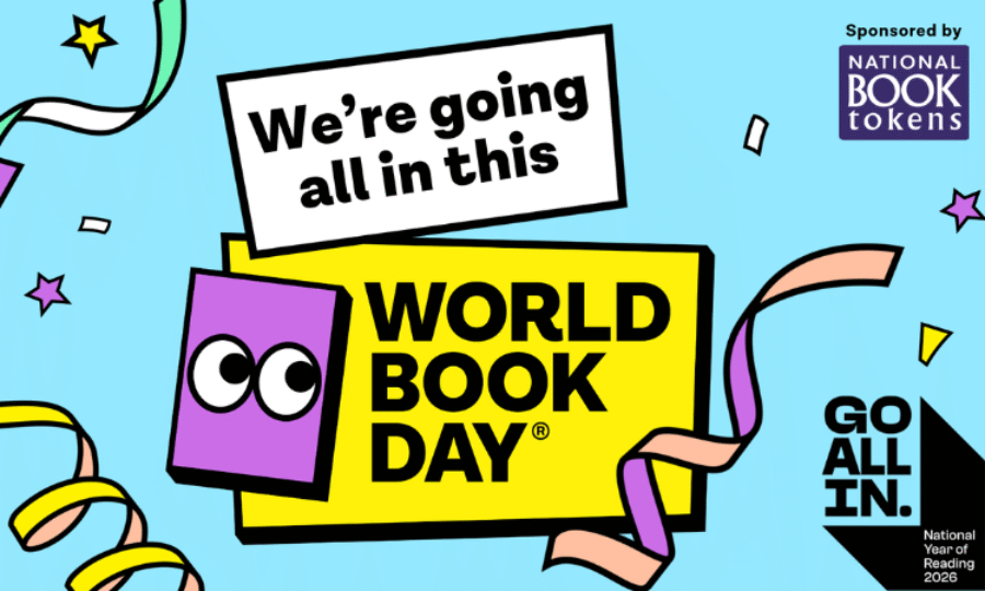 A graphic of a purple book with cartoon eyes and a yellow sqaure next to it that says "we're going all in this world book day.!